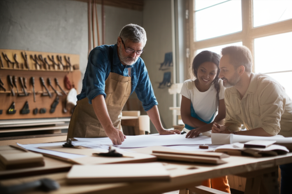 Consultation chaleureuse entre l'artisan et ses clients